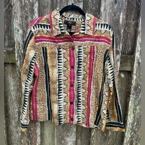 iOS Linen Animal Print Button Up Shirt Boho Tribal Pattern Medium